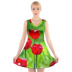 Red Tulip Flowers, Sunny Day V-neck Sleeveless Dress by FunnyCow