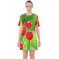 Red Tulip Flowers, Sunny Day Sixties Short Sleeve Mini Dress by FunnyCow