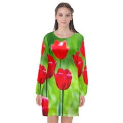 Red Tulip Flowers, Sunny Day Long Sleeve Chiffon Shift Dress  by FunnyCow