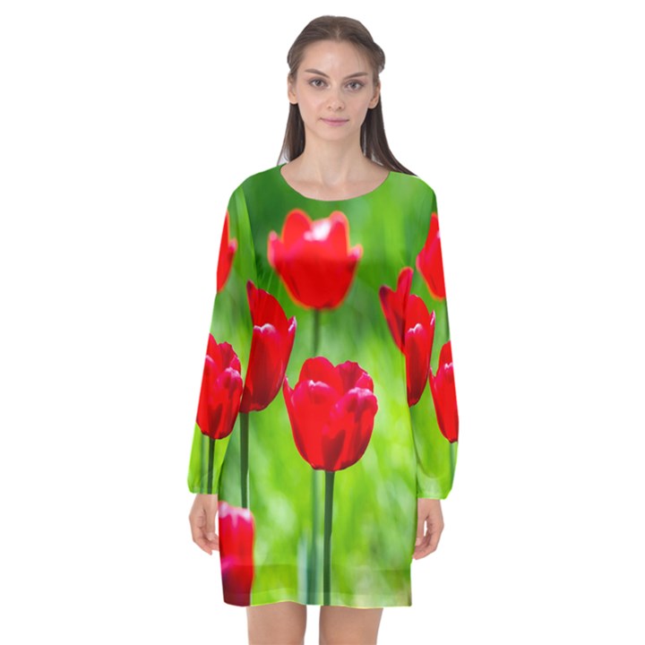 Red Tulip Flowers, Sunny Day Long Sleeve Chiffon Shift Dress 