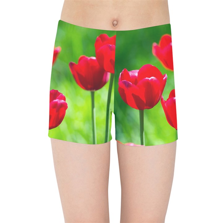 Red Tulip Flowers, Sunny Day Kids Sports Shorts