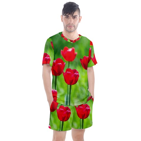 Red Tulip Flowers, Sunny Day Men s Mesh Tee And Shorts Set by FunnyCow