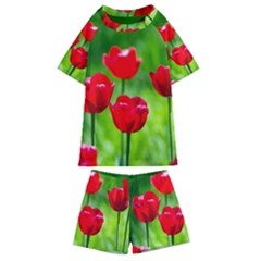 Red Tulip Flowers, Sunny Day Kids  Swim Tee And Shorts Set