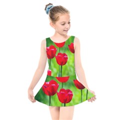 Red Tulip Flowers, Sunny Day Kids  Skater Dress Swimsuit