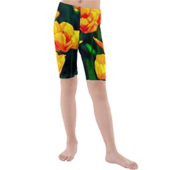 Yellow Orange Tulip Flowers Kids  Mid Length Swim Shorts by FunnyCow