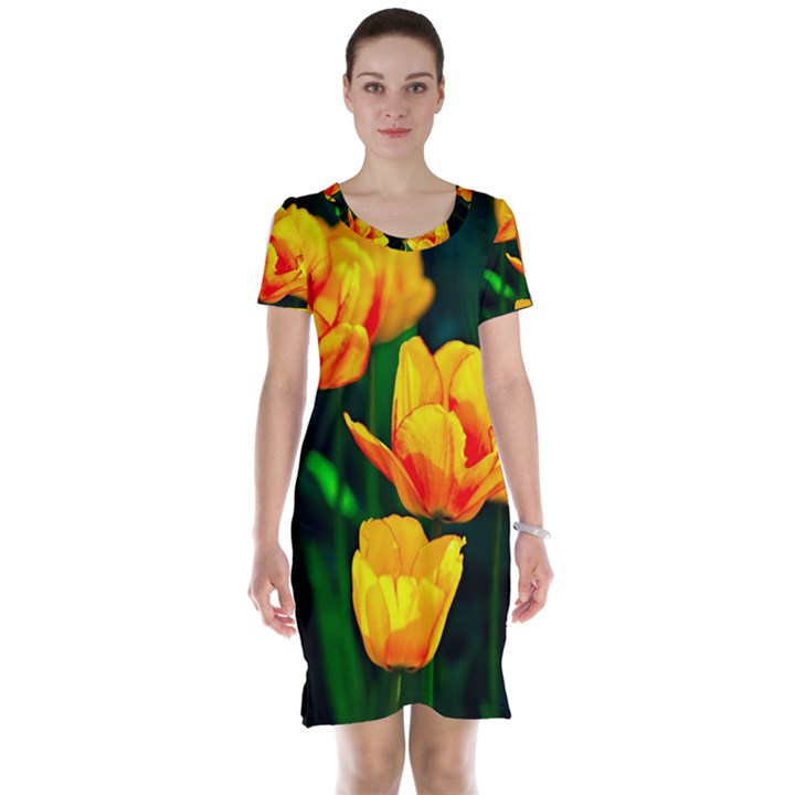 Yellow Orange Tulip Flowers Short Sleeve Nightdress