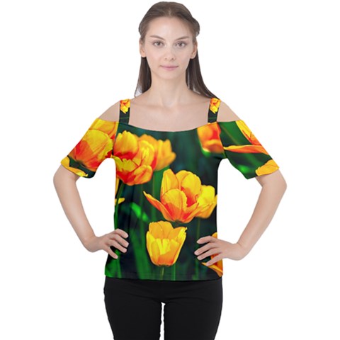 Yellow Orange Tulip Flowers Cutout Shoulder Tee by FunnyCow