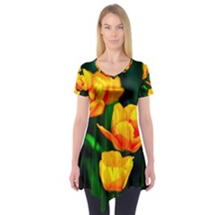 Yellow Orange Tulip Flowers Short Sleeve Tunic  by FunnyCow