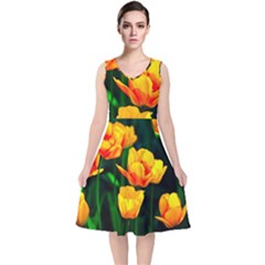 Yellow Orange Tulip Flowers V-neck Midi Sleeveless Dress 