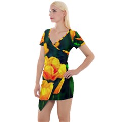 Yellow Orange Tulip Flowers Short Sleeve Asymmetric Mini Dress