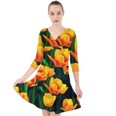 Yellow Orange Tulip Flowers Quarter Sleeve Front Wrap Dress by FunnyCow