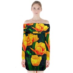 Yellow Orange Tulip Flowers Long Sleeve Off Shoulder Dress by FunnyCow