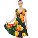 Yellow Orange Tulip Flowers Cap Sleeve Front Wrap Midi Dress View1