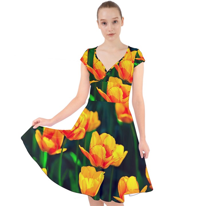 Yellow Orange Tulip Flowers Cap Sleeve Front Wrap Midi Dress