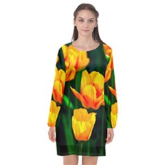 Yellow Orange Tulip Flowers Long Sleeve Chiffon Shift Dress  by FunnyCow