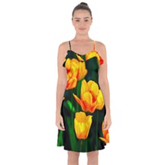 Yellow Orange Tulip Flowers Ruffle Detail Chiffon Dress by FunnyCow