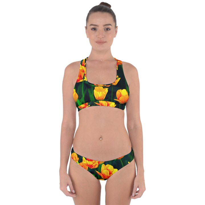 Yellow Orange Tulip Flowers Cross Back Hipster Bikini Set