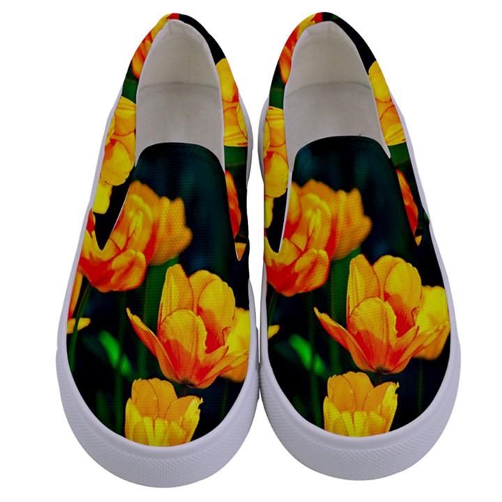 Yellow Orange Tulip Flowers Kids  Canvas Slip Ons