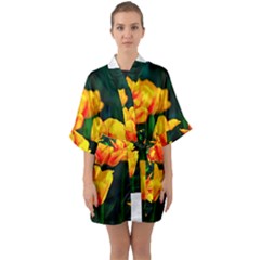 Yellow Orange Tulip Flowers Quarter Sleeve Kimono Robe by FunnyCow