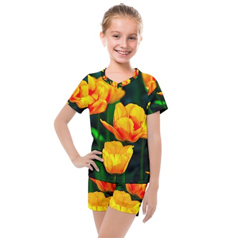 Yellow Orange Tulip Flowers Kids  Mesh Tee And Shorts Set by FunnyCow