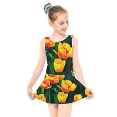 Yellow Orange Tulip Flowers Kids  Skater Dress Swimsuit by FunnyCow