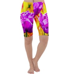 Violet Tulip Flowers Cropped Leggings  by FunnyCow