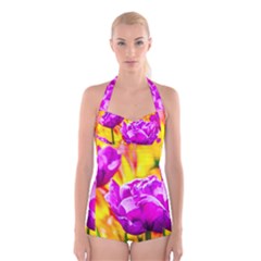 Violet Tulip Flowers Boyleg Halter Swimsuit  by FunnyCow