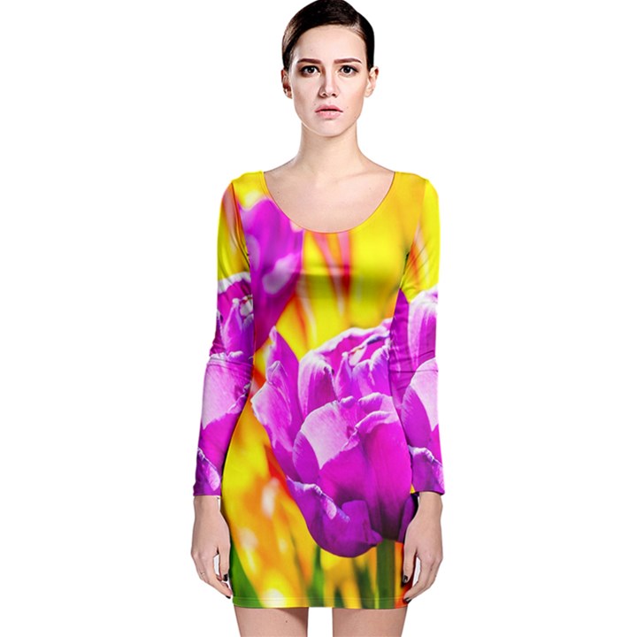 Violet Tulip Flowers Long Sleeve Velvet Bodycon Dress