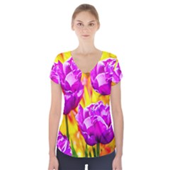 Violet Tulip Flowers Short Sleeve Front Detail Top by FunnyCow