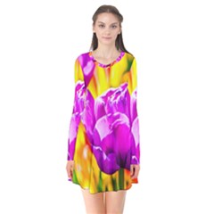 Violet Tulip Flowers Long Sleeve V-neck Flare Dress by FunnyCow