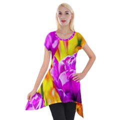 Violet Tulip Flowers Short Sleeve Side Drop Tunic by FunnyCow