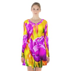 Violet Tulip Flowers Long Sleeve Velvet V-neck Dress by FunnyCow