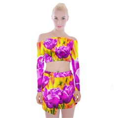 Violet Tulip Flowers Off Shoulder Top With Mini Skirt Set by FunnyCow