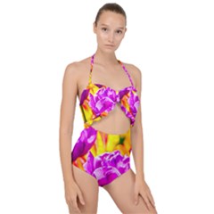 Violet Tulip Flowers Scallop Top Cut Out Swimsuit