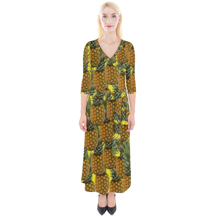 Tropical Pineapple Quarter Sleeve Wrap Maxi Dress