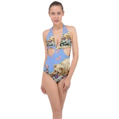 Cat And Butterflies Halter Front Plunge Swimsuit