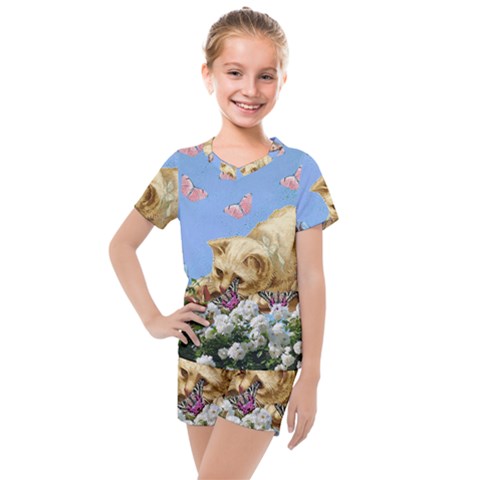 Cat And Butterflies Kids  Mesh Tee And Shorts Set by snowwhitegirl