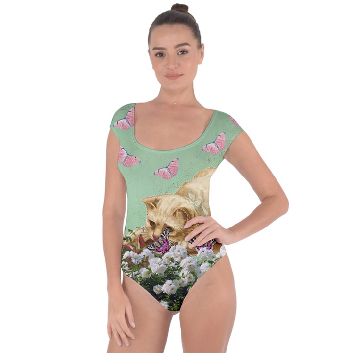 Cat And Butterflies Green Short Sleeve Leotard 