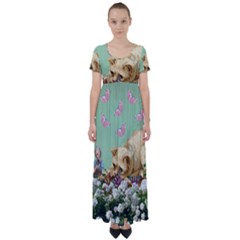 Cat And Butterflies Green High Waist Short Sleeve Maxi Dress