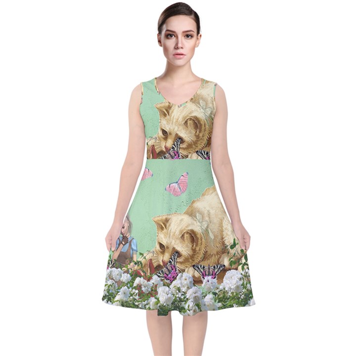 Cat And Butterflies Green V-Neck Midi Sleeveless Dress 