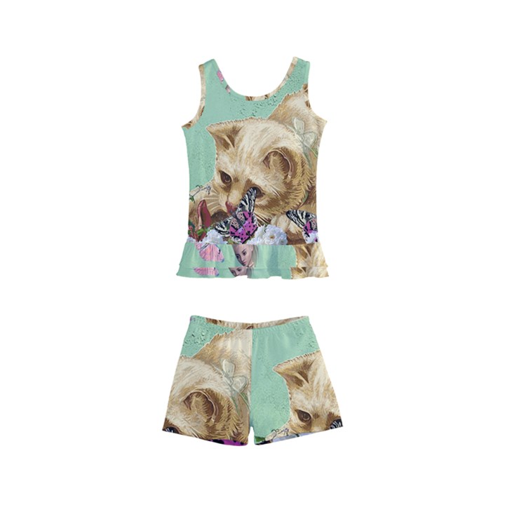 Cat And Butterflies Green Kid s Boyleg Swimsuit