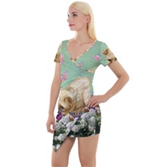 Cat And Butterflies Green Short Sleeve Asymmetric Mini Dress