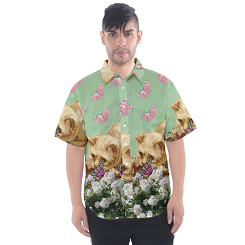 Cat And Butterflies Green Men s Short Sleeve Shirt by snowwhitegirl