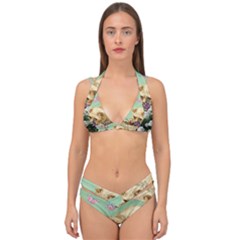 Cat And Butterflies Green Double Strap Halter Bikini Set