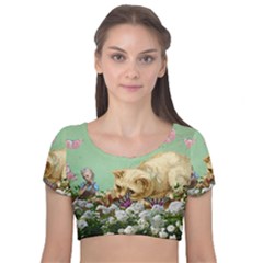 Cat And Butterflies Green Velvet Short Sleeve Crop Top 