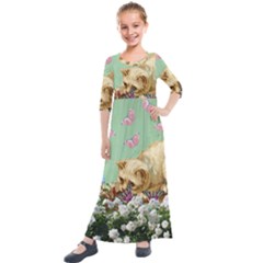 Cat And Butterflies Green Kids  Quarter Sleeve Maxi Dress