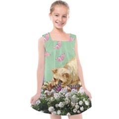 Cat And Butterflies Green Kids  Cross Back Dress