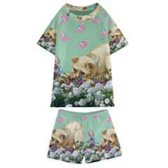 Cat And Butterflies Green Kids  Swim Tee And Shorts Set