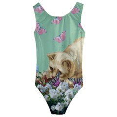 Cat And Butterflies Green Kids  Cut-out Back One Piece Swimsuit