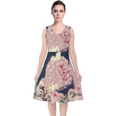 Rose Floral Doll V-neck Midi Sleeveless Dress 